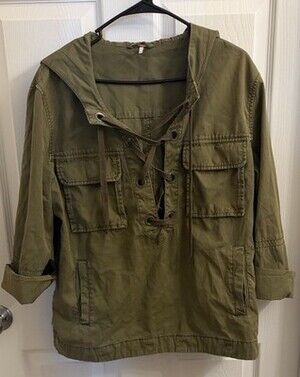 Free People Green Hooded Utility Jacket Lace Up Canvas Pockets Women's Long Sle…